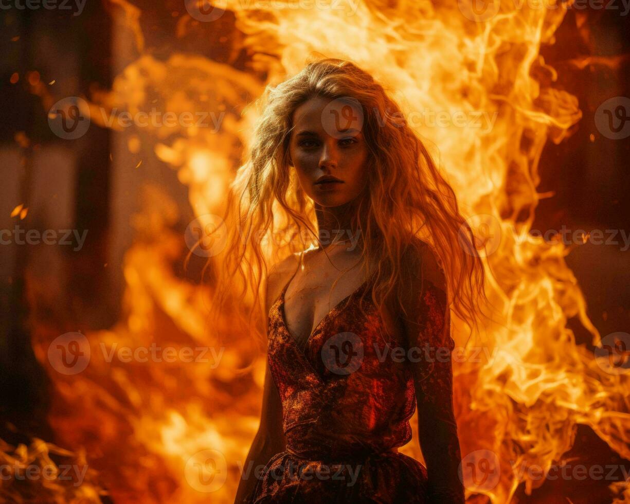 a beautiful woman in a red dress standing in front of flames generative ai photo