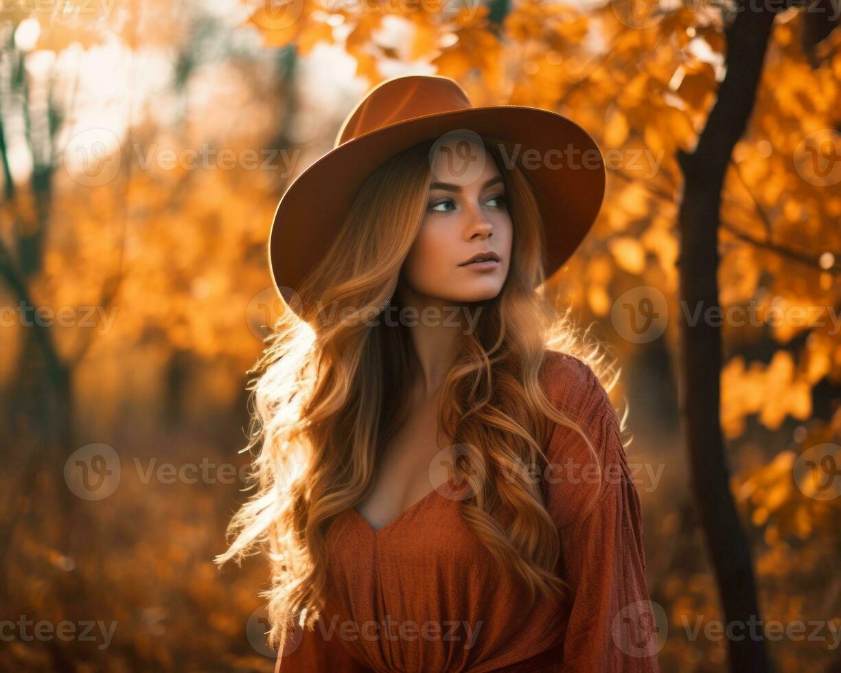un hermosa mujer en un naranja vestir y sombrero en un oto o
