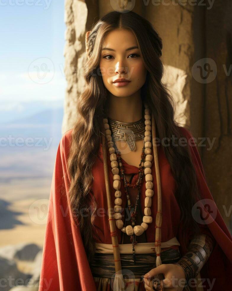 a beautiful woman in traditional clothing standing in front of a mountain generative ai photo