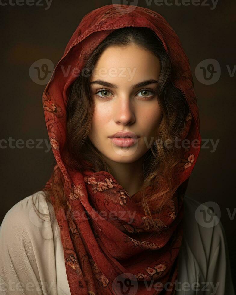 un hermosa mujer vistiendo un rojo bufanda generativo ai foto