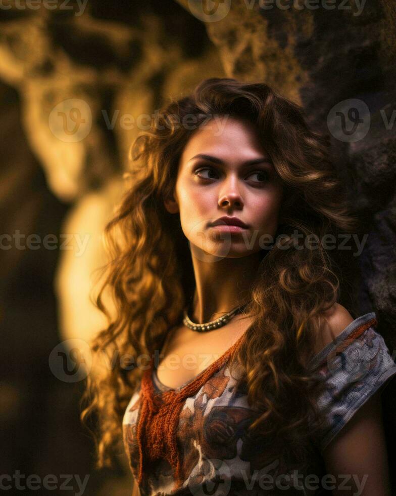 a beautiful woman with long curly hair standing in front of a cave generative ai photo