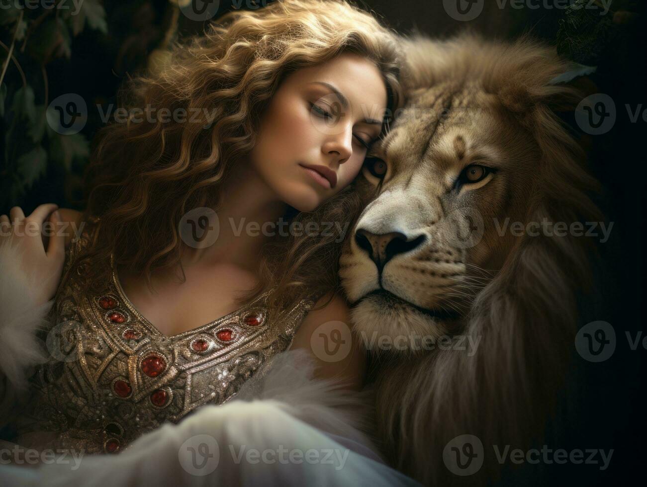 a beautiful woman with long hair is hugging a lion generative ai photo