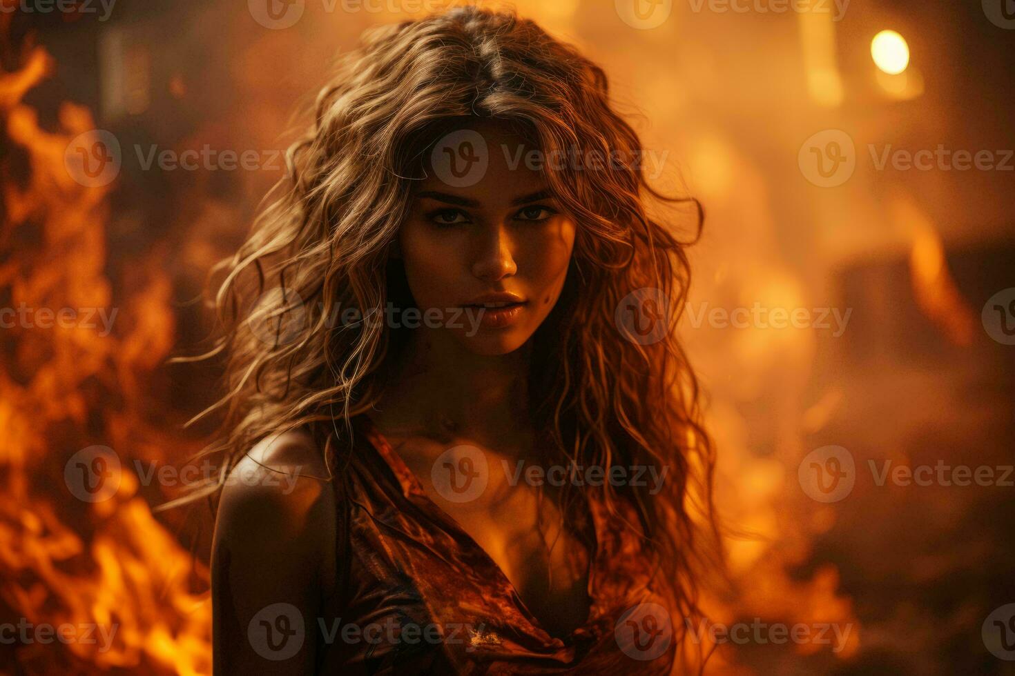 a beautiful woman with long hair standing in front of a fire generative ai photo