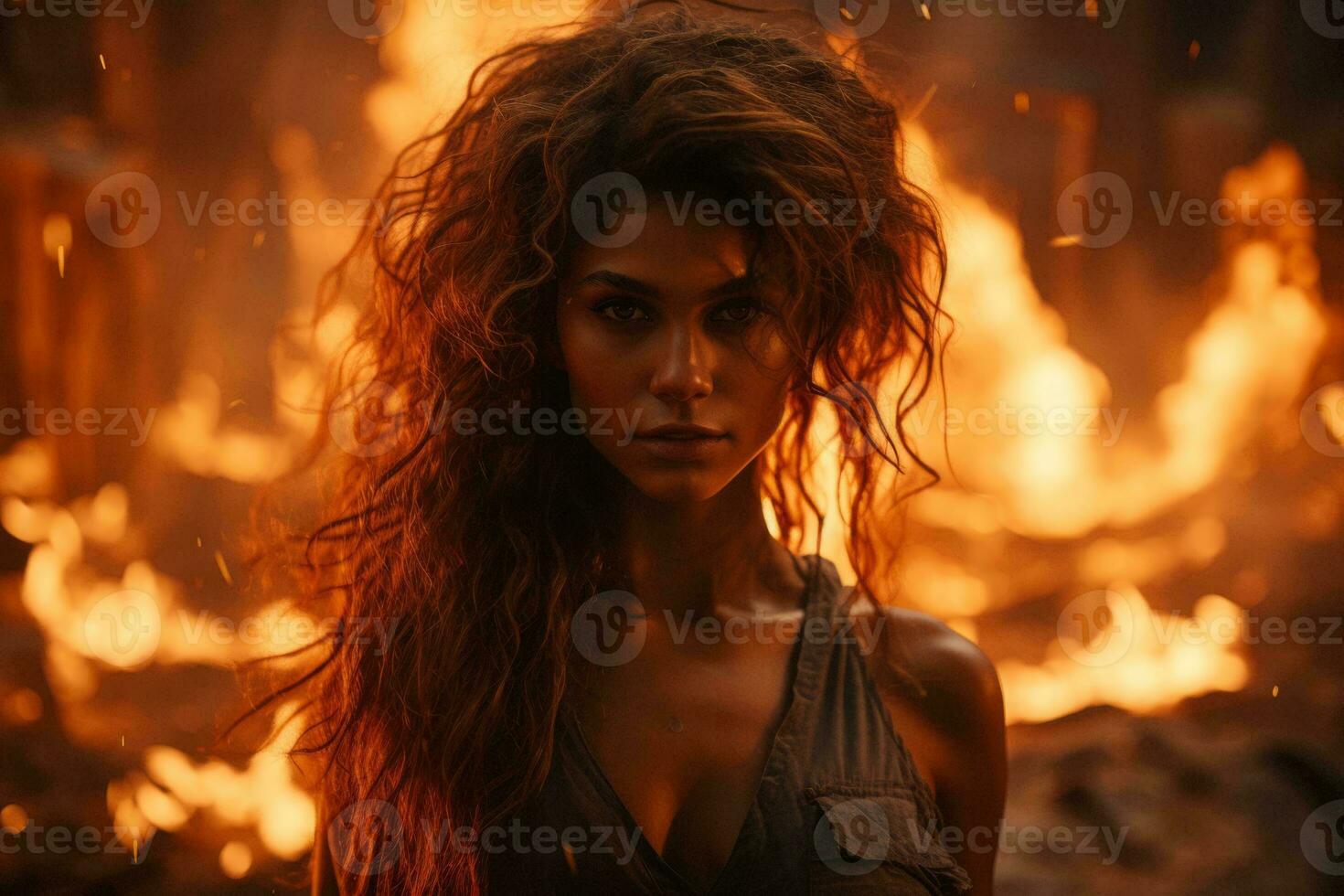 a beautiful woman with long hair standing in front of a fire generative ai photo