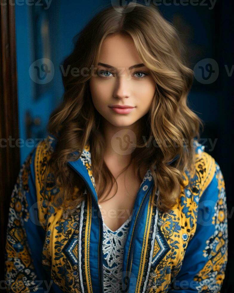a beautiful young woman in a blue and yellow jacket generative ai photo