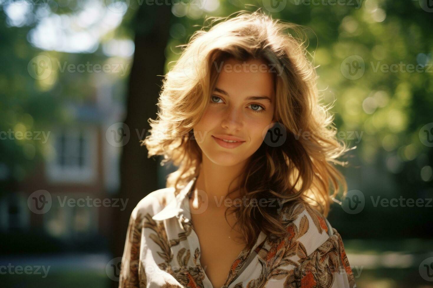 a beautiful young woman in a floral shirt posing for the camera generative ai photo