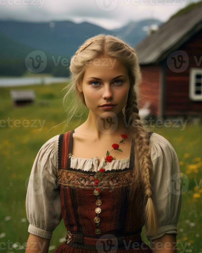 a beautiful young woman in a traditional norwegian dress generative ai photo