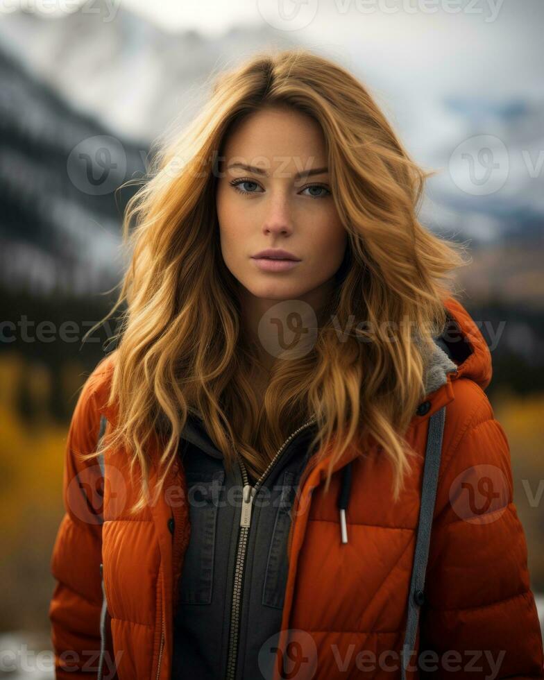 a beautiful young woman in an orange jacket standing in front of mountains generative ai photo
