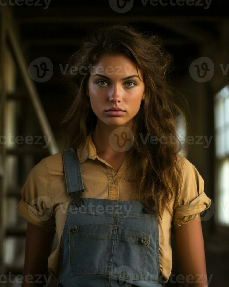 a beautiful young woman in overalls standing in an old building generative ai photo