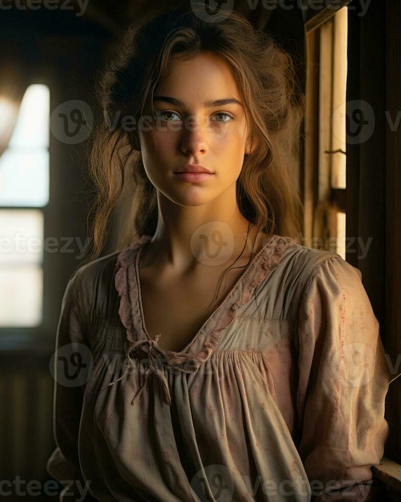 a beautiful young woman is standing in front of a window generative ai photo
