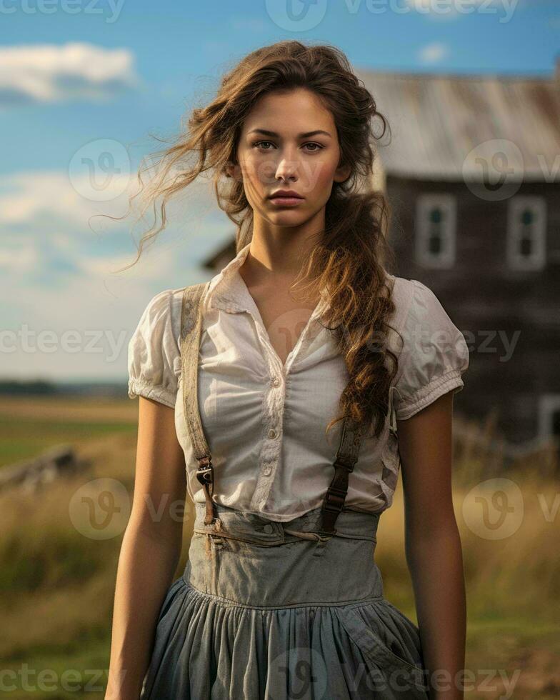 a beautiful young woman standing in front of an old barn generative ai photo