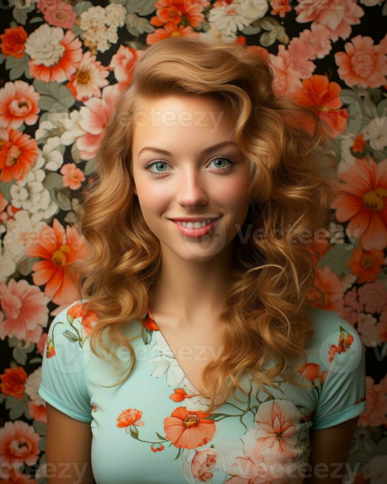 a beautiful young woman with long curly hair posing in front of a floral wall generative ai photo