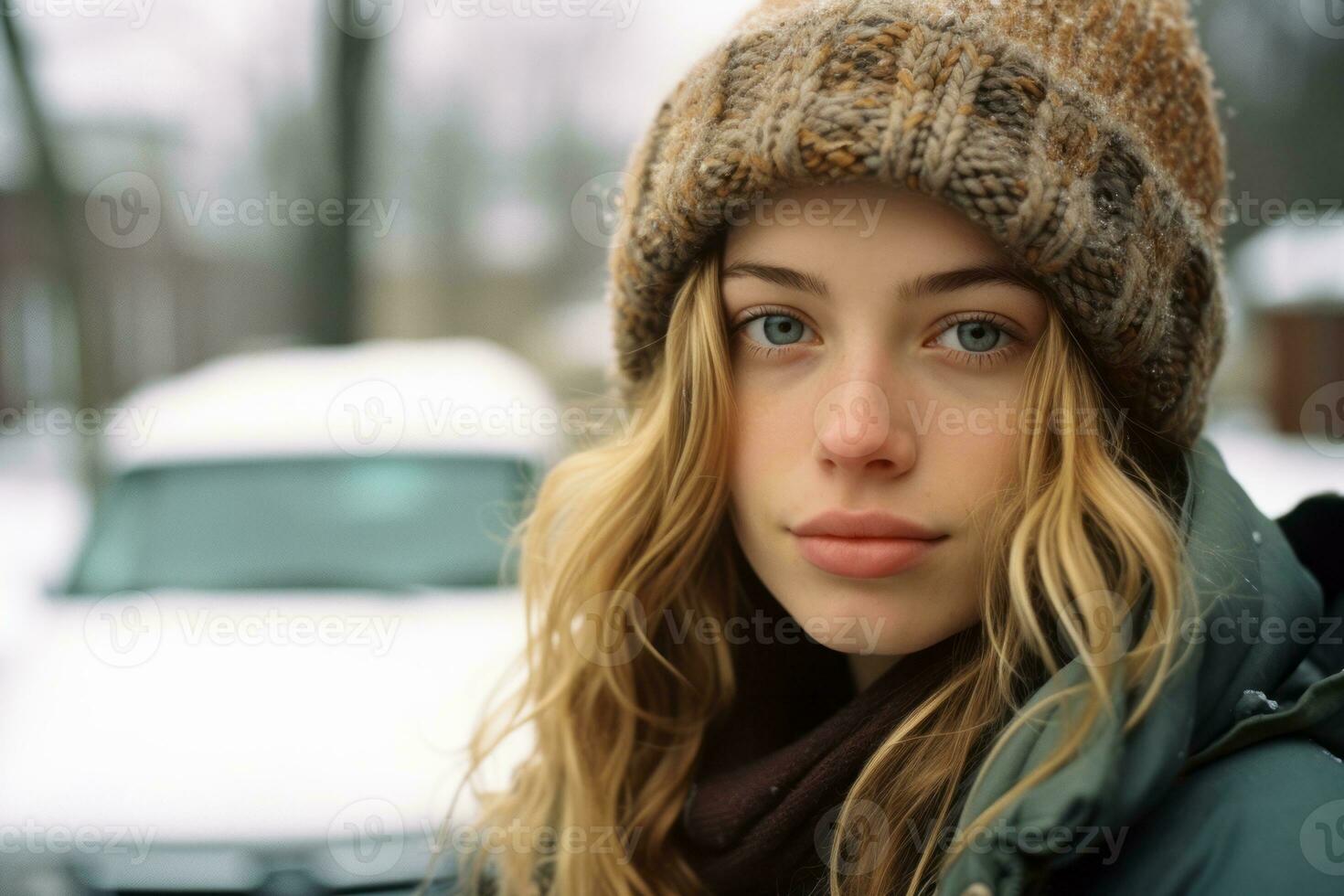 a beautiful young woman with long hair and a beanie standing in front of a car generative ai photo