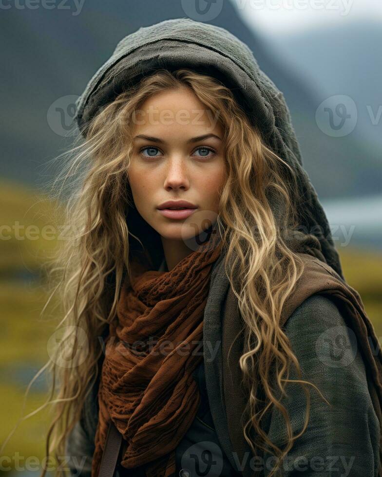 a beautiful young woman with long hair standing in front of a mountain generative ai photo