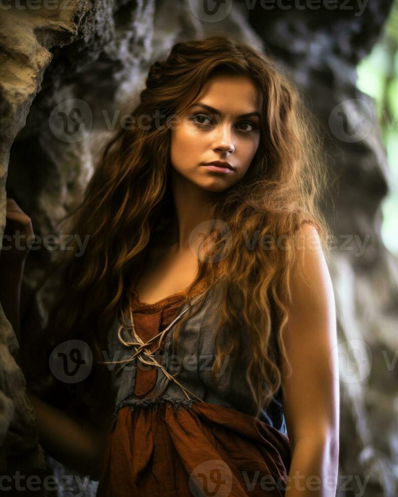 a beautiful young woman with long hair standing in front of a rock generative ai photo