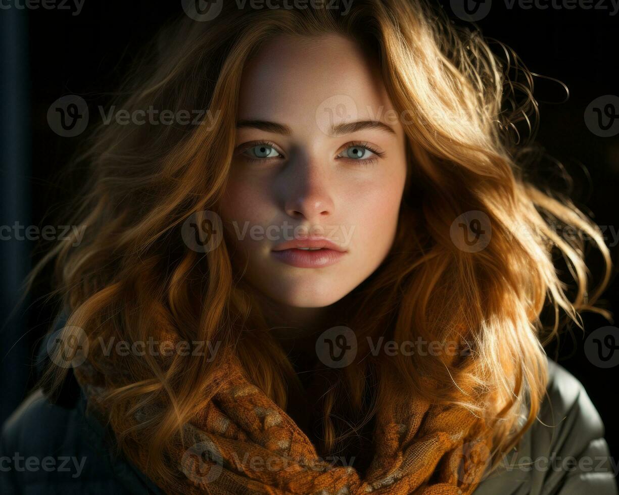 a beautiful young woman with long red hair and a scarf generative ai photo