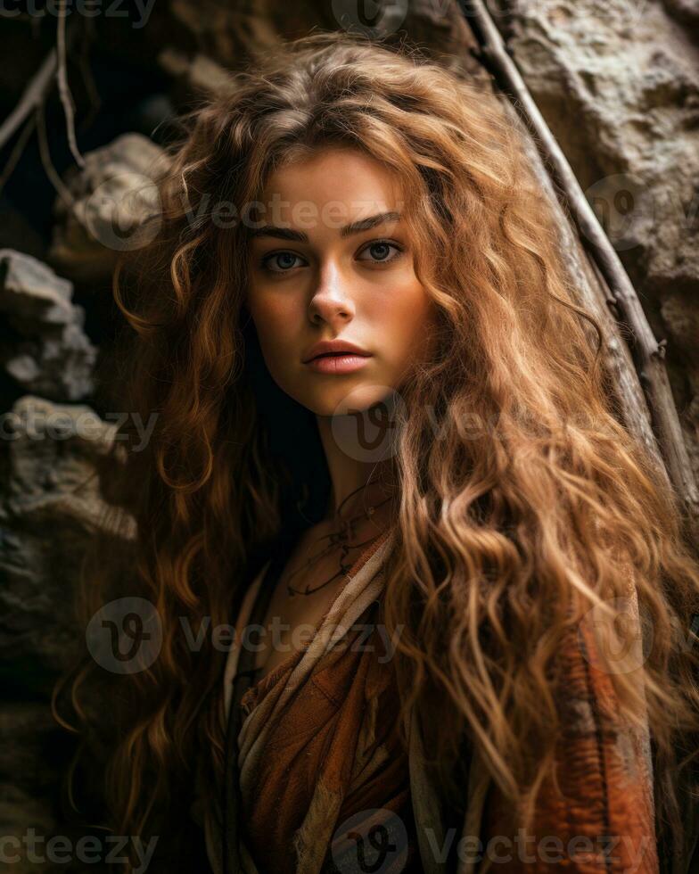 a beautiful young woman with long red hair standing in front of some rocks generative ai photo