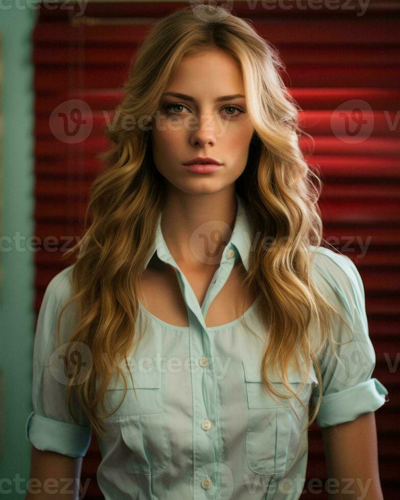 a beautiful young woman with long wavy hair in a blue shirt generative ai photo