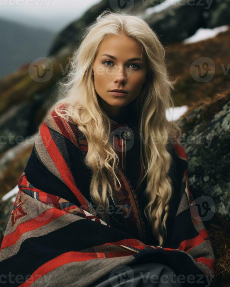 a blonde woman in a blanket sitting on top of a mountain generative ai photo
