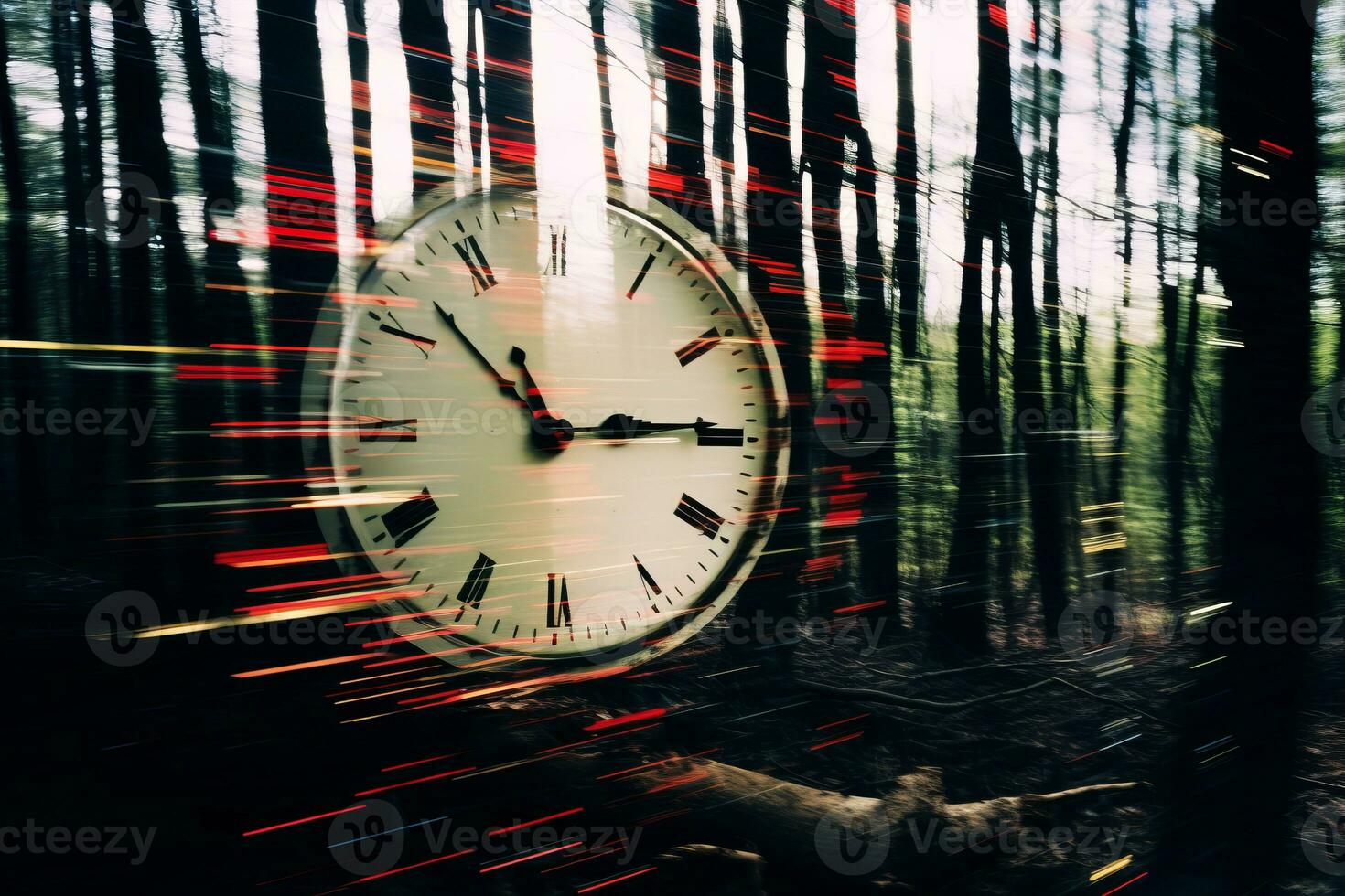 a blurry photo of a clock in the woods generative ai