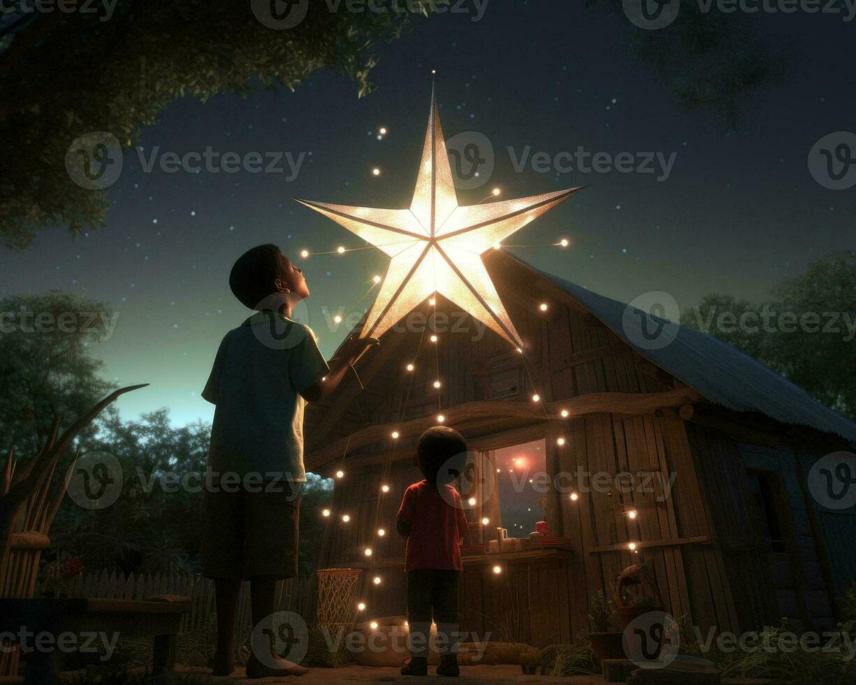 a boy and girl are standing in front of a house with a star on top of it generative ai photo