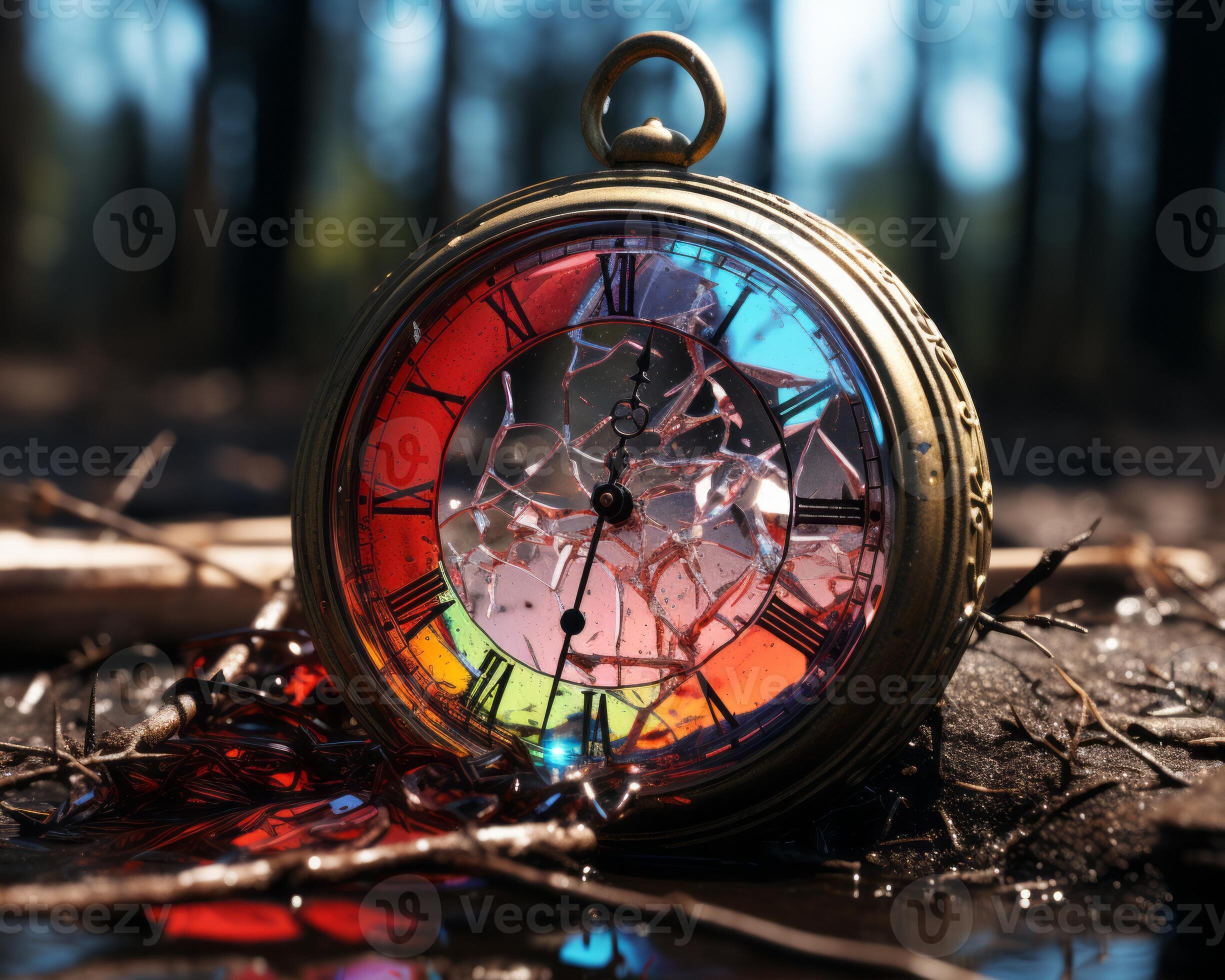a broken pocket watch on the ground in the woods generative ai 28373614
