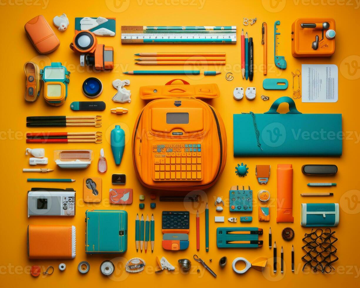 a bunch of school supplies arranged on a yellow background generative ai photo