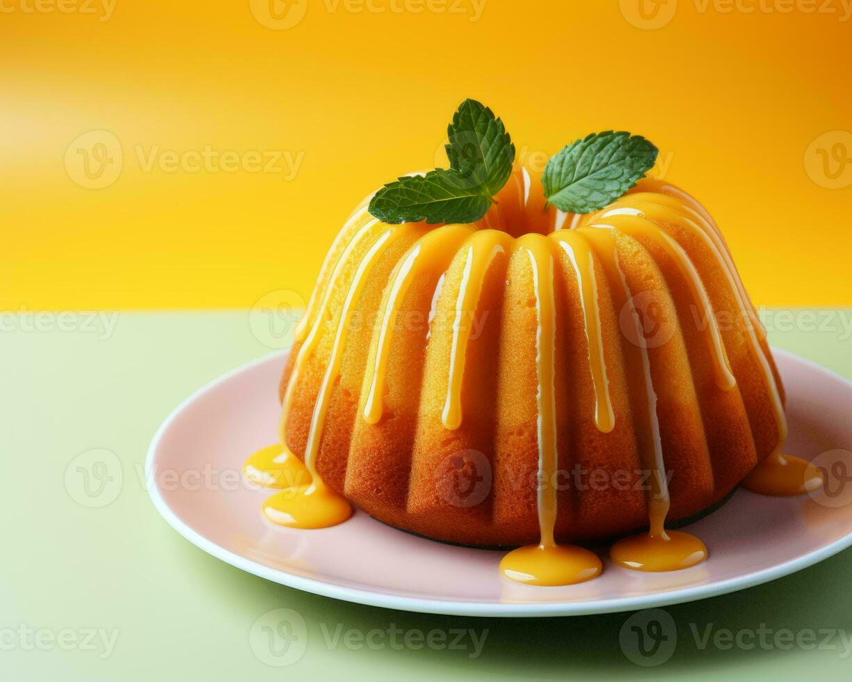 a bundt cake with orange icing on a white plate generative ai photo