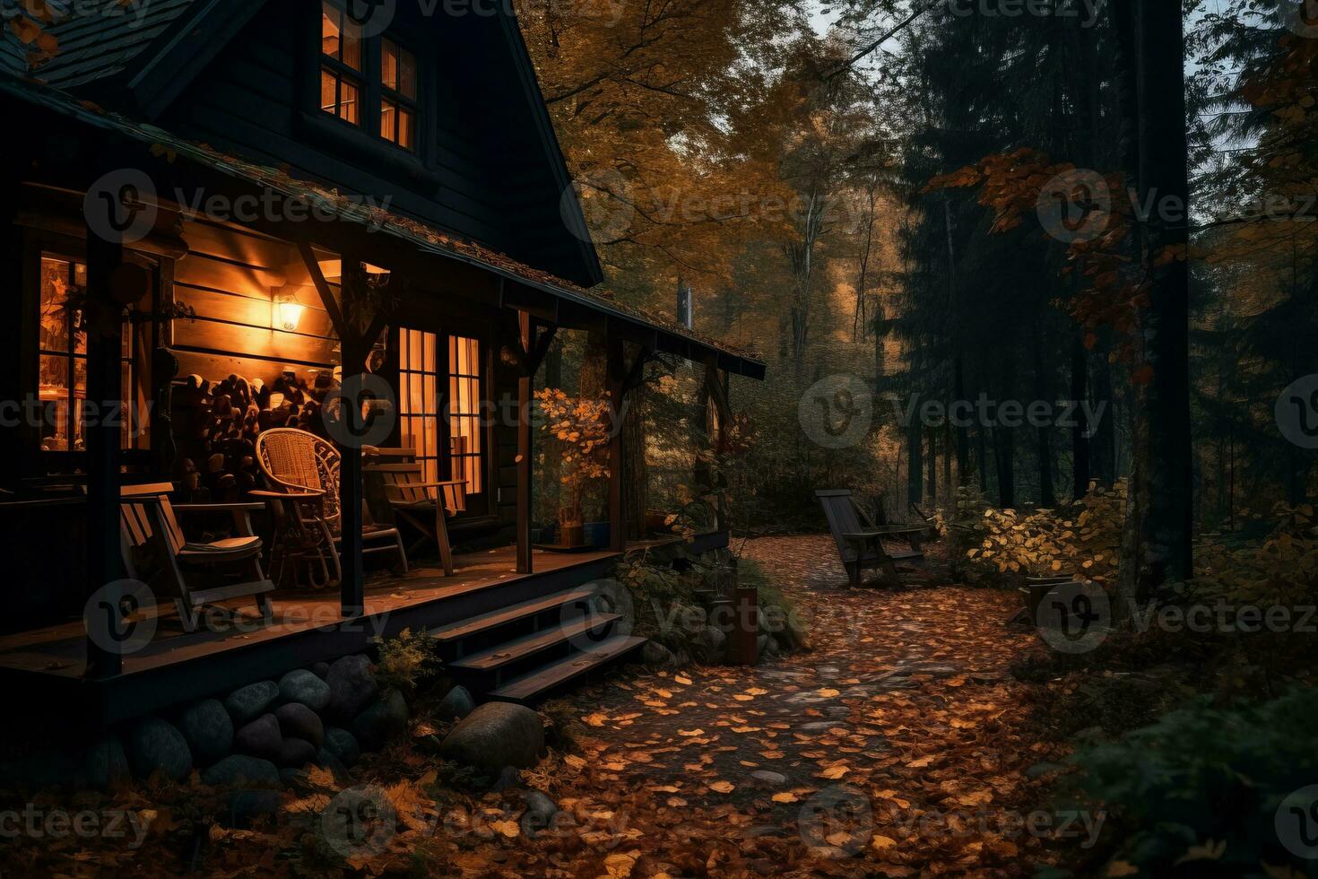 a cabin in the woods at night with leaves on the ground generative ai photo