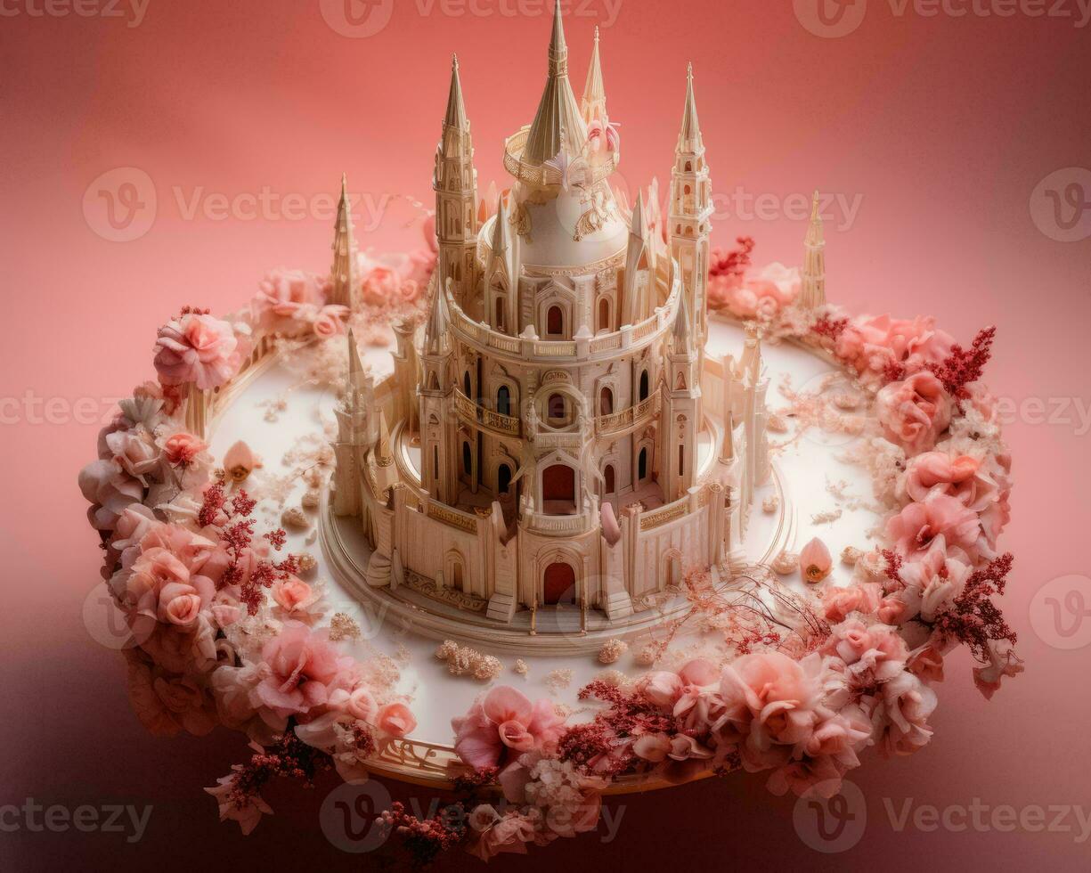 a cake made to look like a castle with pink flowers generative ai photo
