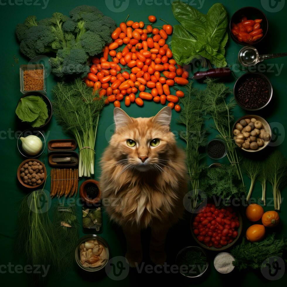 a cat is surrounded by vegetables and fruits generative ai photo