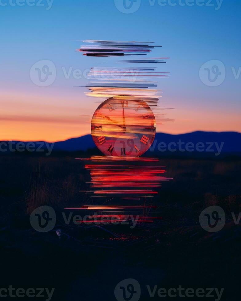 a clock sitting in the middle of a field with a sunset in the background generative ai photo