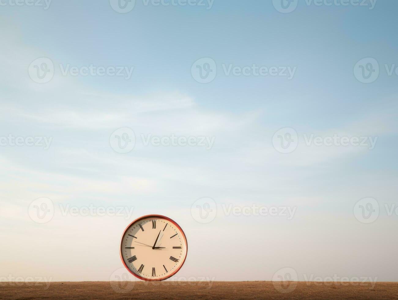 a clock sitting on top of a dirt field with a blue sky in the background generative ai photo