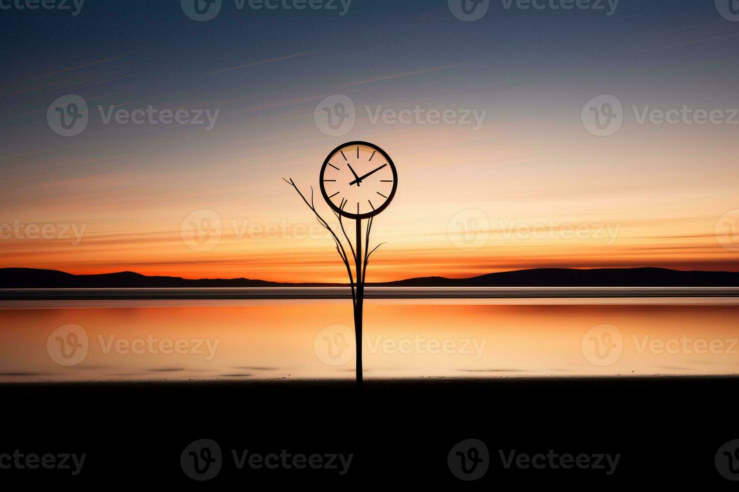a clock sitting on top of a stick in the middle of a body of water generative ai photo
