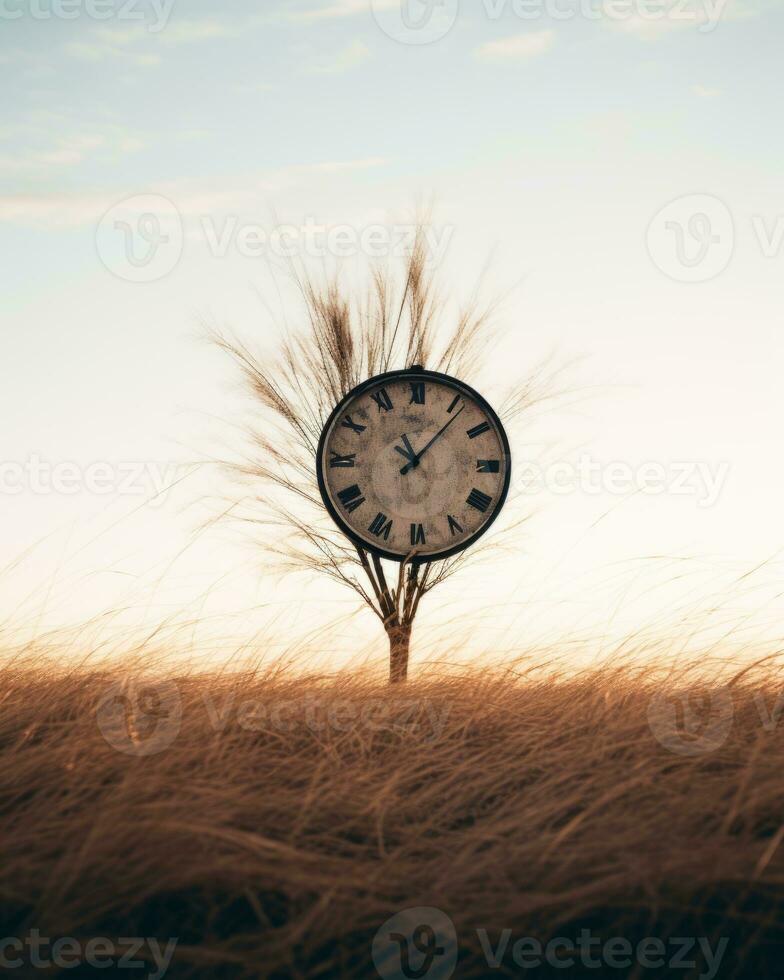 a clock sitting on top of a tree in the middle of a field generative ai photo