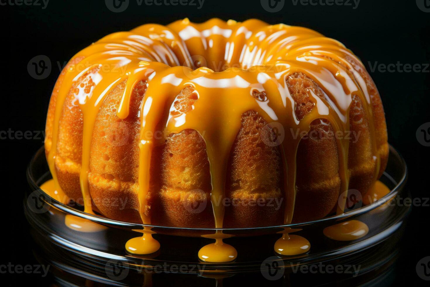 a close up of a bundt cake with caramel drizzle generative ai photo