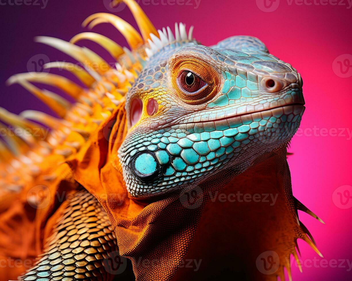 a close up of an iguana on a purple background generative ai photo