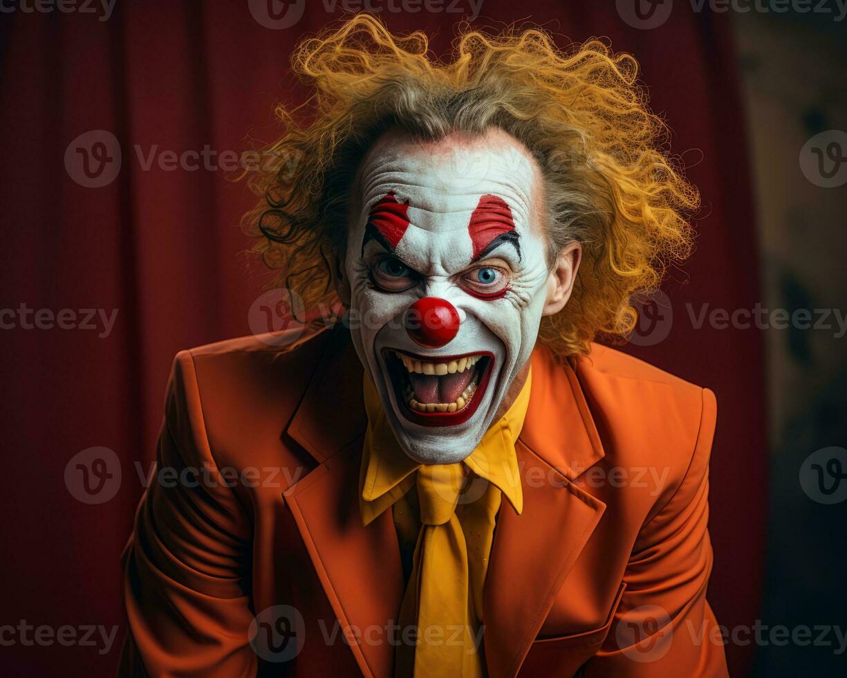 a clown in an orange suit with his mouth open generative ai photo