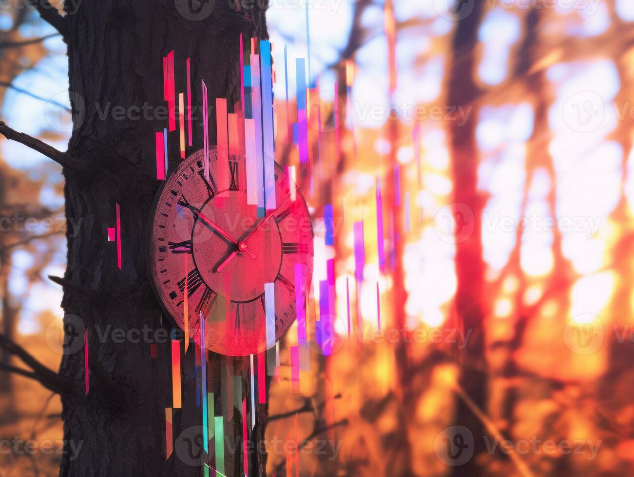 a colorful clock on a tree in the middle of a forest generative ai photo