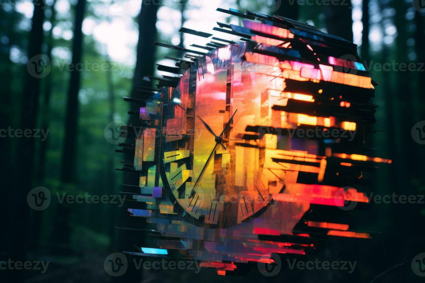 a colorful clock hanging from a tree in the woods generative ai photo