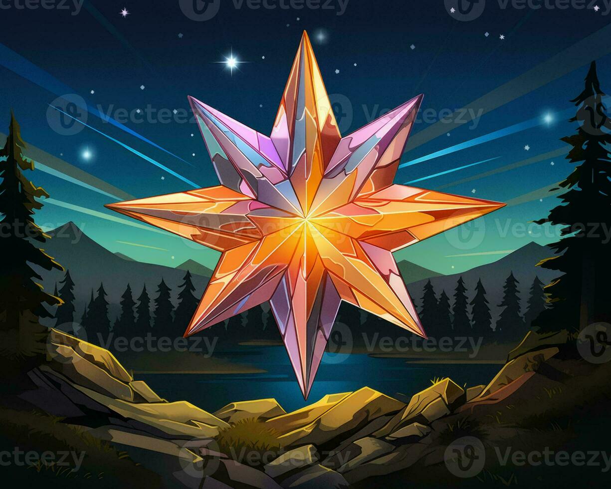 a colorful star in the middle of a forest with mountains in the background generative ai photo
