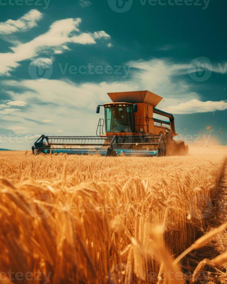 a combine harvester in a wheat field generative ai photo