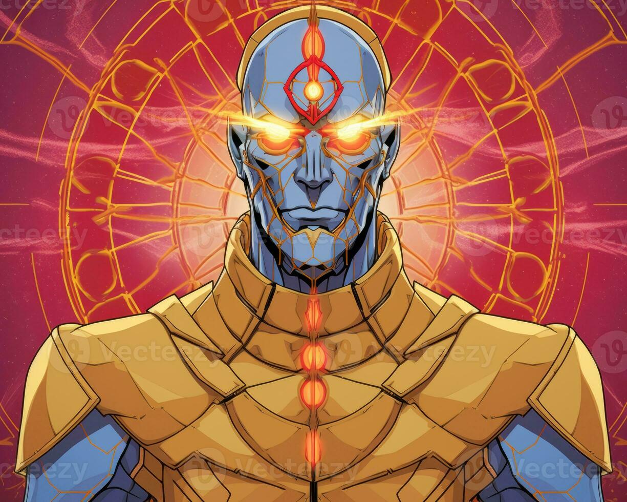 a comic book cover with an image of a blue man with glowing eyes generative ai photo