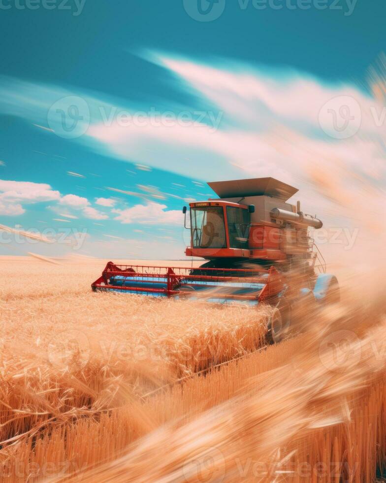 a combine harvester in the middle of a wheat field generative ai photo
