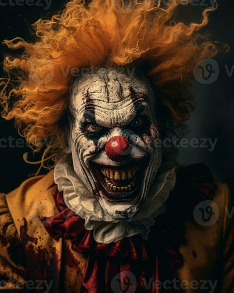 a creepy clown with red hair and blood on his face generative ai photo