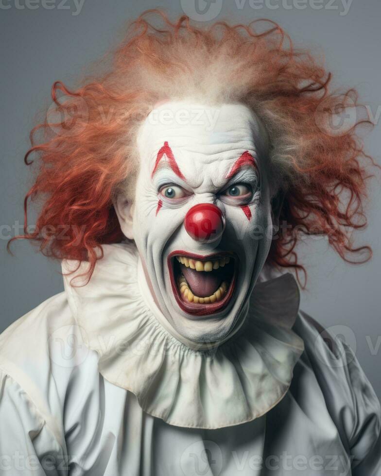 Halloween Makeup Like Pennywise. Street performer clown with a white face.  The look of a man in the guise of IT on a costume cosplay show. Close-up.  Stock Photo