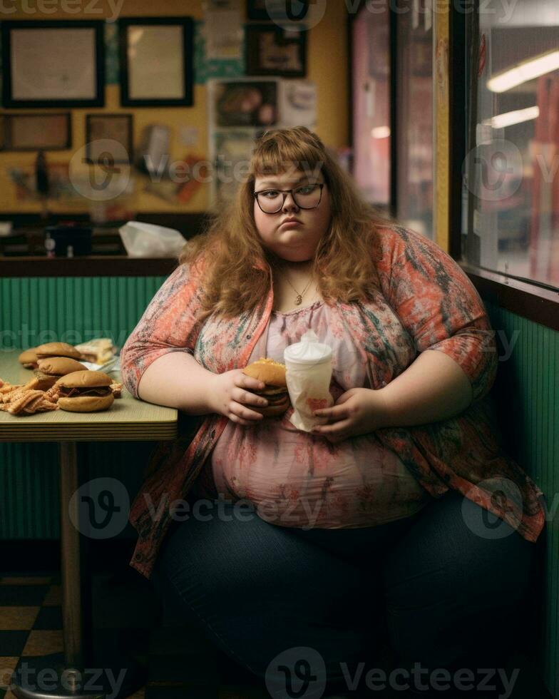 a fat woman sitting at a table with a cup of coffee and a hamburger generative ai photo
