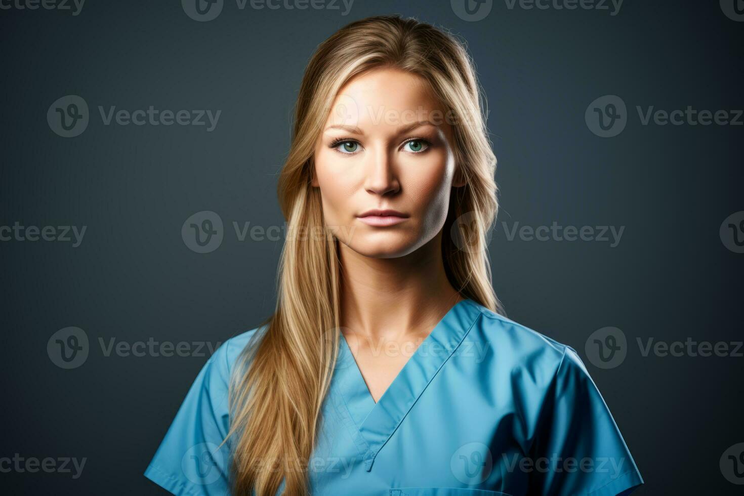 a female nurse in blue scrubs on a dark background generative ai photo