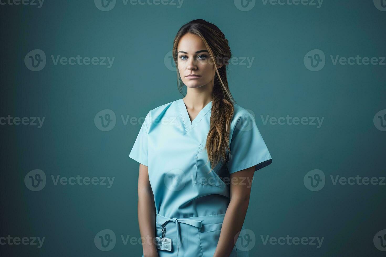 a female nurse in blue scrubs standing in front of a dark background generative ai photo