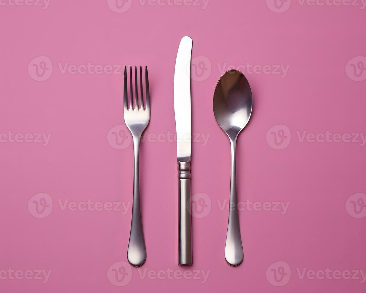 a fork spoon and knife on a pink background generative ai photo